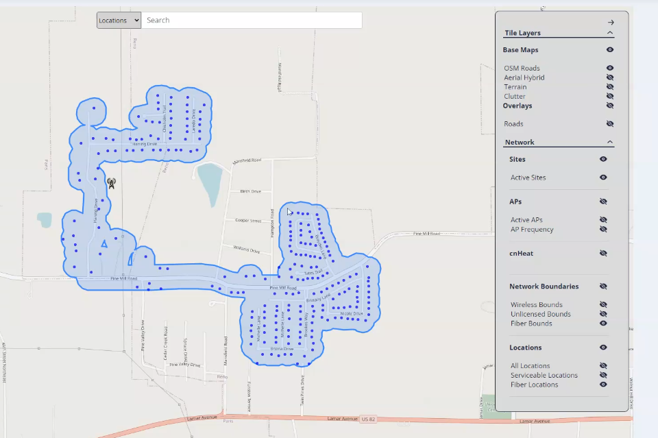 Use the Map to Display your fiber or DOCSIS service territory and serviceable addresses.